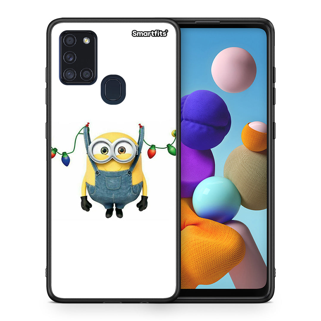 Θήκη Samsung A21s Xmas Minion Lights από τη Smartfits με σχέδιο στο πίσω μέρος και μαύρο περίβλημα | Samsung A21s Xmas Minion Lights case with colorful back and black bezels