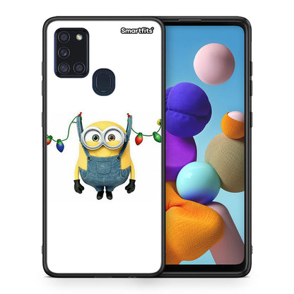 Θήκη Samsung A21s Xmas Minion Lights από τη Smartfits με σχέδιο στο πίσω μέρος και μαύρο περίβλημα | Samsung A21s Xmas Minion Lights case with colorful back and black bezels