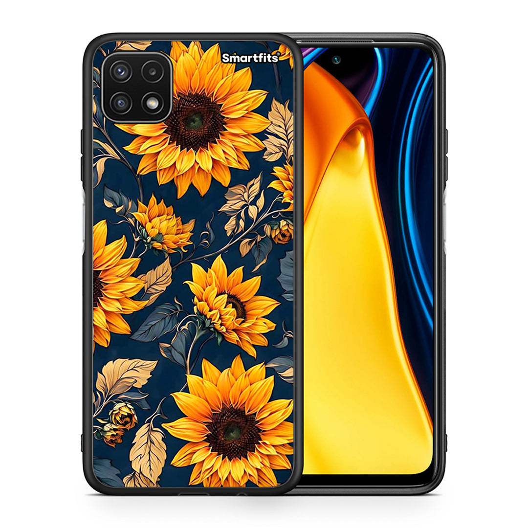 Θήκη Samsung A22 5G Autumn Sunflowers από τη Smartfits με σχέδιο στο πίσω μέρος και μαύρο περίβλημα | Samsung A22 5G Autumn Sunflowers case with colorful back and black bezels