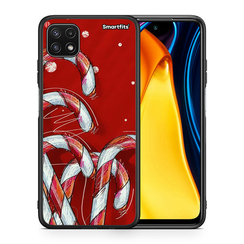 Θήκη Samsung A22 5G Candy Cane από τη Smartfits με σχέδιο στο πίσω μέρος και μαύρο περίβλημα | Samsung A22 5G Candy Cane case with colorful back and black bezels