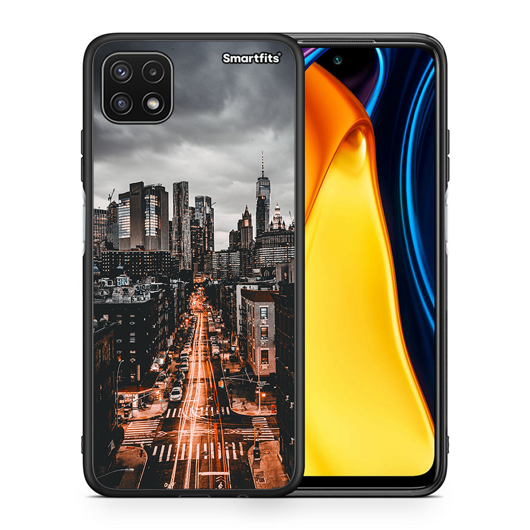 Θήκη Samsung A22 5G City Lights από τη Smartfits με σχέδιο στο πίσω μέρος και μαύρο περίβλημα | Samsung A22 5G City Lights case with colorful back and black bezels