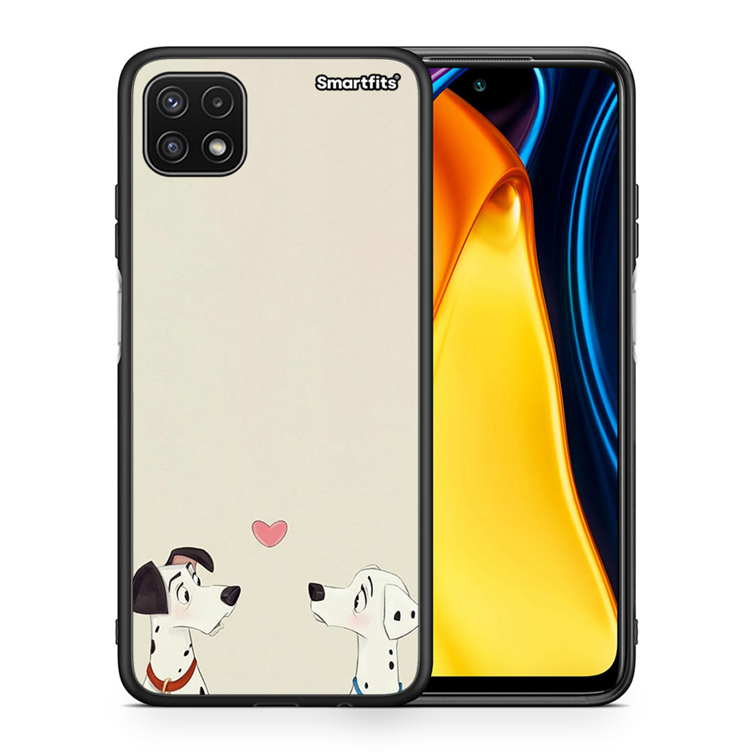 Θήκη Samsung A22 5G Dalmatians Love από τη Smartfits με σχέδιο στο πίσω μέρος και μαύρο περίβλημα | Samsung A22 5G Dalmatians Love case with colorful back and black bezels