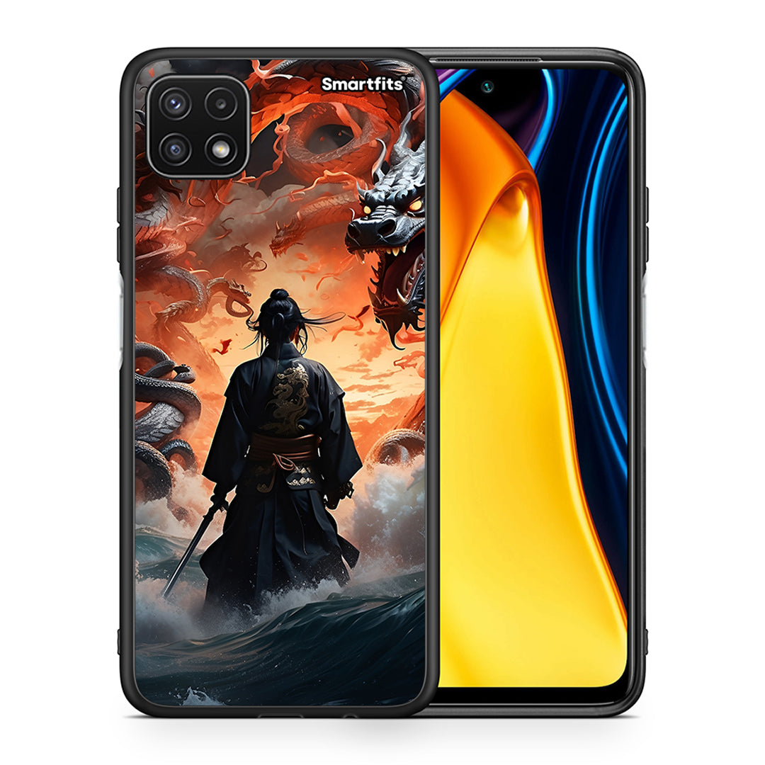 Θήκη Samsung A22 5G Dragons Fight από τη Smartfits με σχέδιο στο πίσω μέρος και μαύρο περίβλημα | Samsung A22 5G Dragons Fight case with colorful back and black bezels