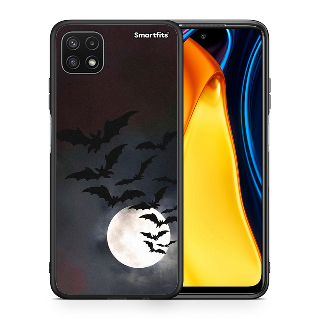 Θήκη Samsung A22 5G Halloween Bat Night από τη Smartfits με σχέδιο στο πίσω μέρος και μαύρο περίβλημα | Samsung A22 5G Halloween Bat Night case with colorful back and black bezels