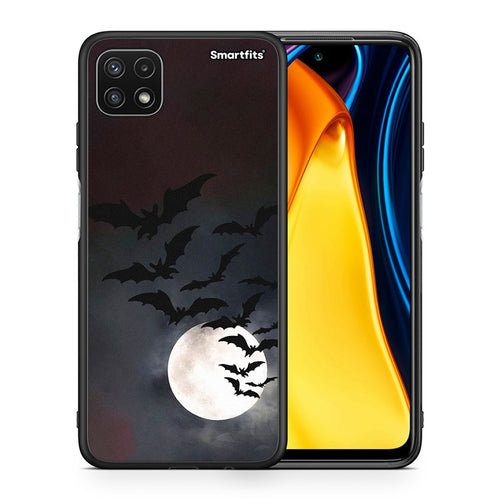 Θήκη Samsung A22 5G Halloween Bat Night από τη Smartfits με σχέδιο στο πίσω μέρος και μαύρο περίβλημα | Samsung A22 5G Halloween Bat Night case with colorful back and black bezels