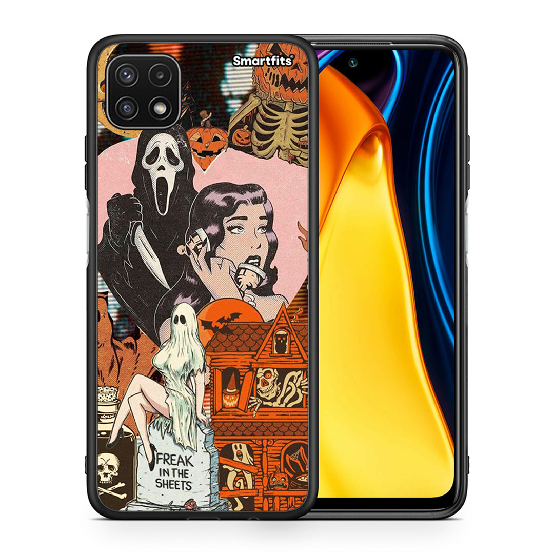 Θήκη Samsung A22 5G Halloween Collage από τη Smartfits με σχέδιο στο πίσω μέρος και μαύρο περίβλημα | Samsung A22 5G Halloween Collage case with colorful back and black bezels