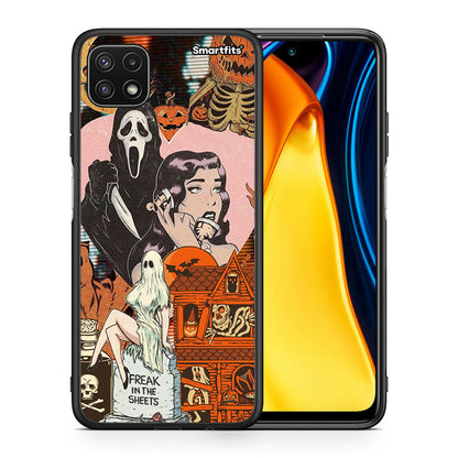 Θήκη Samsung A22 5G Halloween Collage από τη Smartfits με σχέδιο στο πίσω μέρος και μαύρο περίβλημα | Samsung A22 5G Halloween Collage case with colorful back and black bezels
