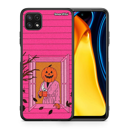 Θήκη Samsung A22 5G Halloween Pumpkin Lady από τη Smartfits με σχέδιο στο πίσω μέρος και μαύρο περίβλημα | Samsung A22 5G Halloween Pumpkin Lady case with colorful back and black bezels