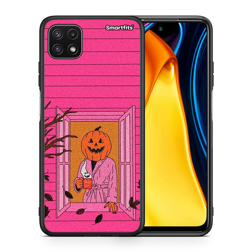 Θήκη Samsung A22 5G Halloween Pumpkin Lady από τη Smartfits με σχέδιο στο πίσω μέρος και μαύρο περίβλημα | Samsung A22 5G Halloween Pumpkin Lady case with colorful back and black bezels