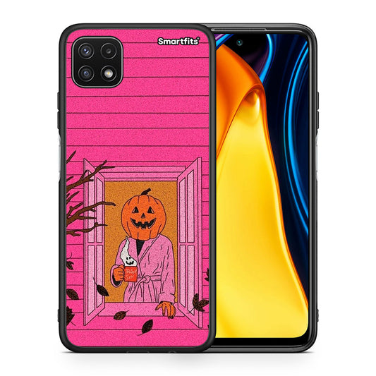 Θήκη Samsung A22 5G Halloween Pumpkin Lady από τη Smartfits με σχέδιο στο πίσω μέρος και μαύρο περίβλημα | Samsung A22 5G Halloween Pumpkin Lady case with colorful back and black bezels