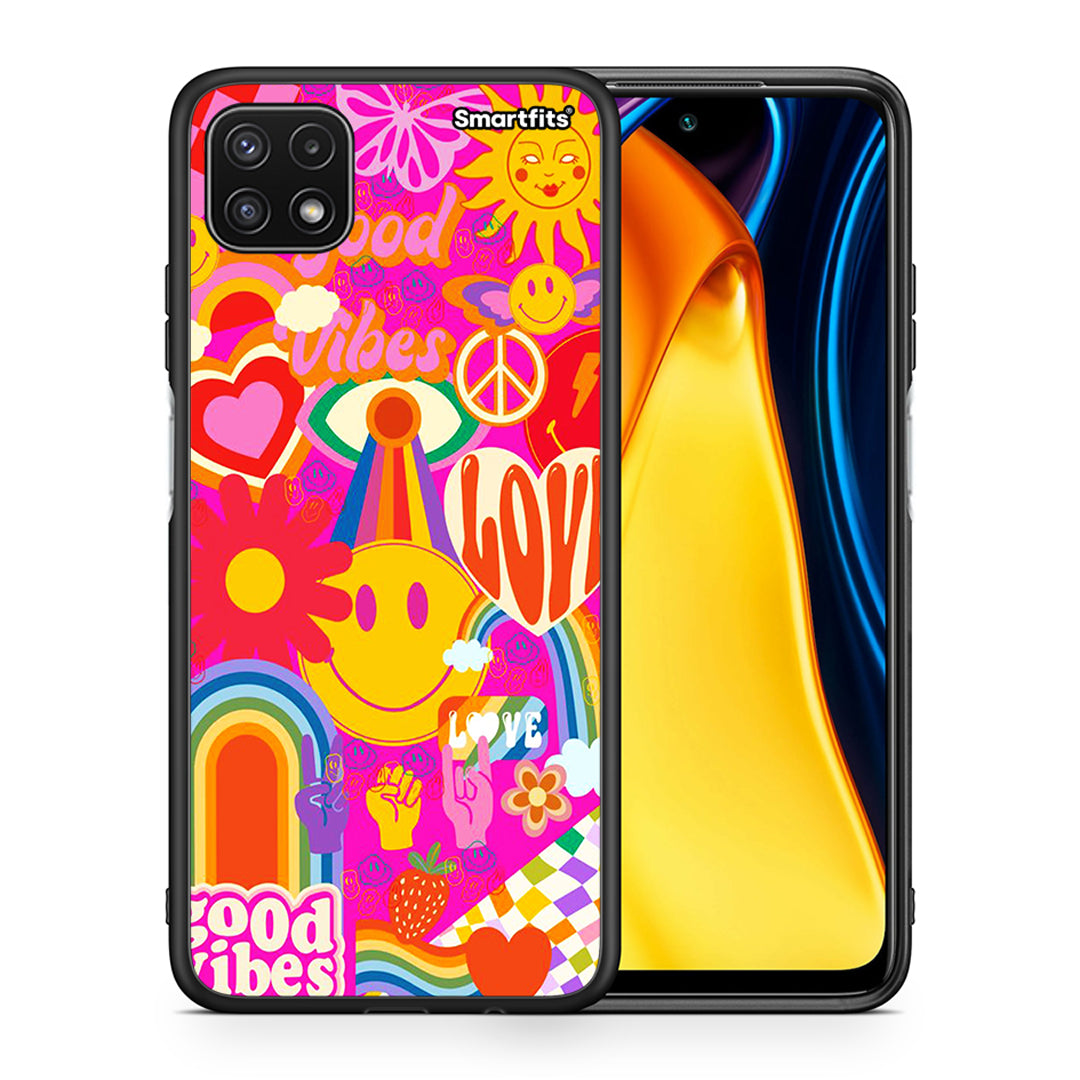 Θήκη Samsung A22 5G Hippie Love από τη Smartfits με σχέδιο στο πίσω μέρος και μαύρο περίβλημα | Samsung A22 5G Hippie Love case with colorful back and black bezels