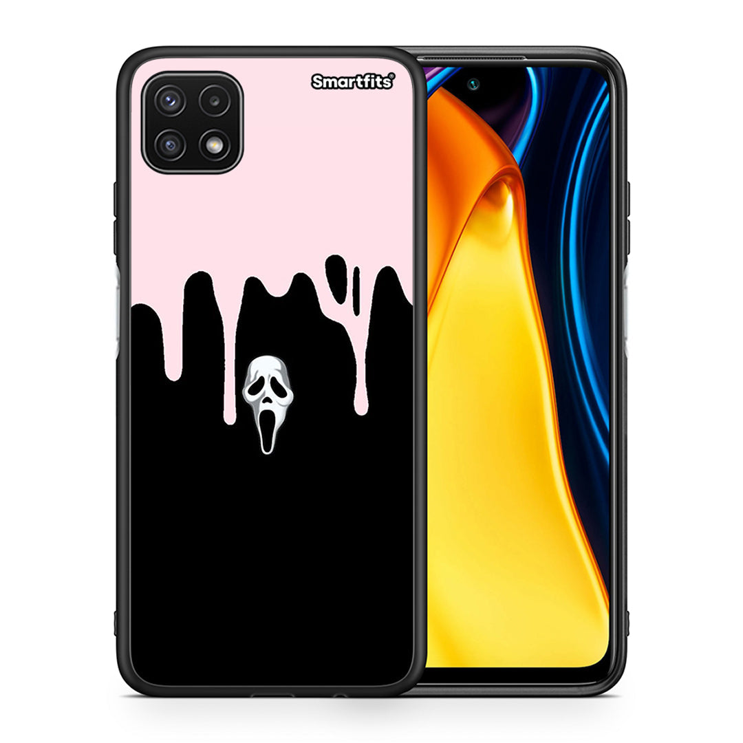 Θήκη Samsung A22 5G Melting Halloween Mask από τη Smartfits με σχέδιο στο πίσω μέρος και μαύρο περίβλημα | Samsung A22 5G Melting Halloween Mask case with colorful back and black bezels
