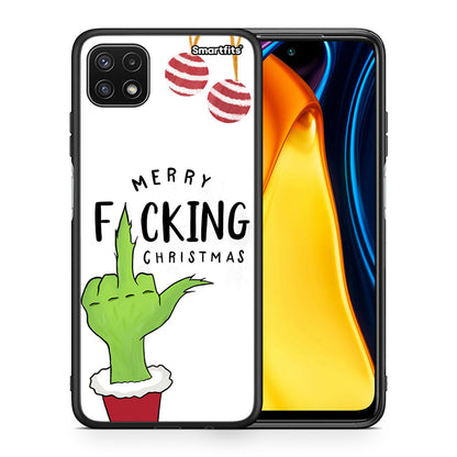 Θήκη Samsung A22 5G Merry F Xmas από τη Smartfits με σχέδιο στο πίσω μέρος και μαύρο περίβλημα | Samsung A22 5G Merry F Xmas case with colorful back and black bezels