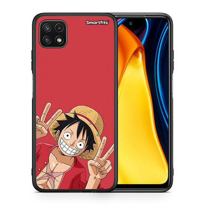 Θήκη Samsung A22 5G Pirate Luffy από τη Smartfits με σχέδιο στο πίσω μέρος και μαύρο περίβλημα | Samsung A22 5G Pirate Luffy case with colorful back and black bezels