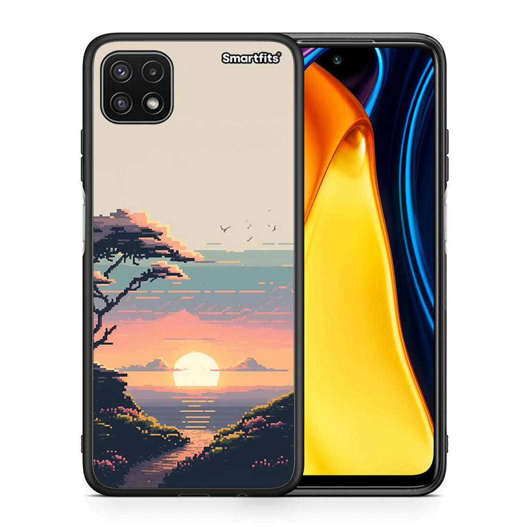 Θήκη Samsung A22 5G Pixel Sunset από τη Smartfits με σχέδιο στο πίσω μέρος και μαύρο περίβλημα | Samsung A22 5G Pixel Sunset case with colorful back and black bezels