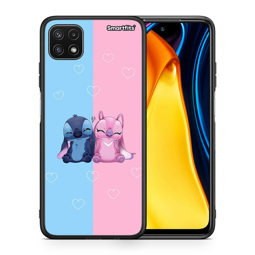 Θήκη Samsung A22 5G Stitch And Angel από τη Smartfits με σχέδιο στο πίσω μέρος και μαύρο περίβλημα | Samsung A22 5G Stitch And Angel case with colorful back and black bezels