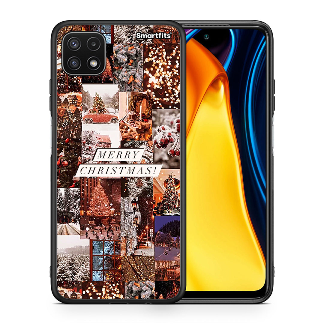 Θήκη Samsung A22 5G Xmas Collage από τη Smartfits με σχέδιο στο πίσω μέρος και μαύρο περίβλημα | Samsung A22 5G Xmas Collage case with colorful back and black bezels