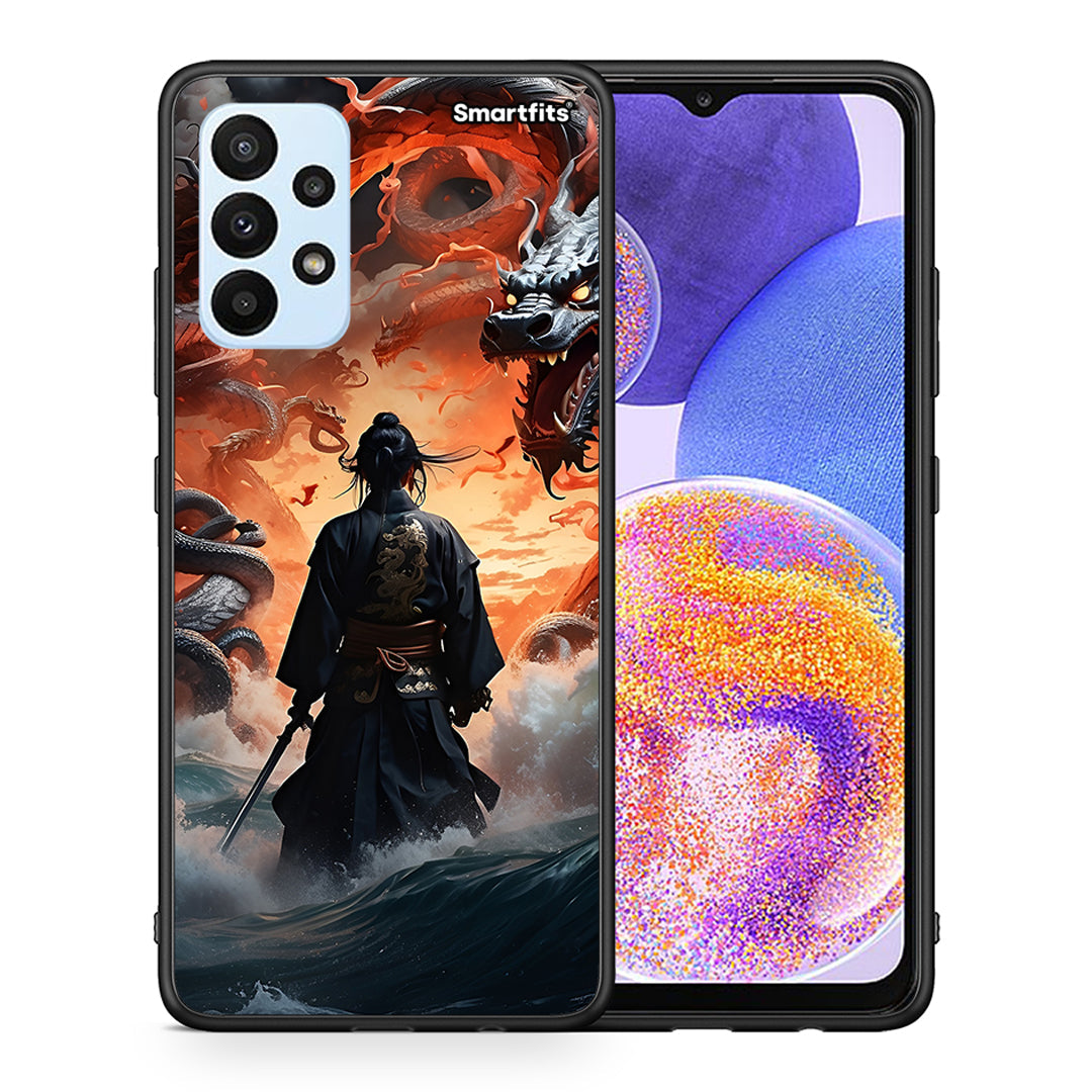 Θήκη Samsung A23 Dragons Fight από τη Smartfits με σχέδιο στο πίσω μέρος και μαύρο περίβλημα | Samsung A23 Dragons Fight case with colorful back and black bezels