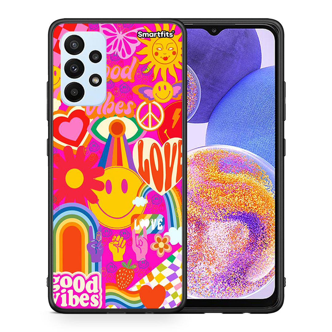 Θήκη Samsung A23 Hippie Love από τη Smartfits με σχέδιο στο πίσω μέρος και μαύρο περίβλημα | Samsung A23 Hippie Love case with colorful back and black bezels