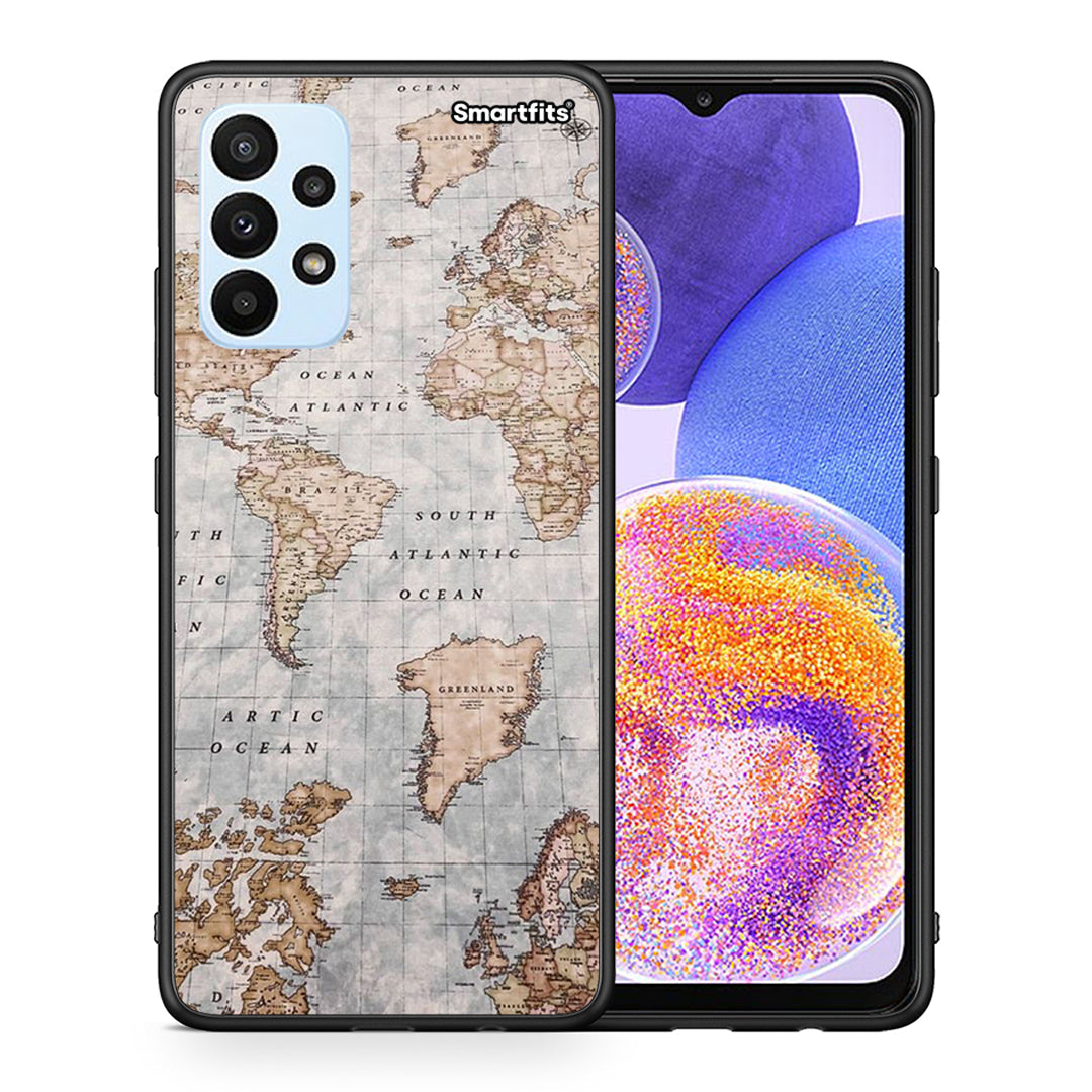 Θήκη Samsung A23 World Map από τη Smartfits με σχέδιο στο πίσω μέρος και μαύρο περίβλημα | Samsung A23 World Map case with colorful back and black bezels