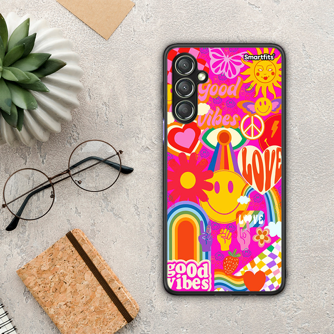 Θήκη Samsung Galaxy A24 4G Hippie Love από τη Smartfits με σχέδιο στο πίσω μέρος και μαύρο περίβλημα | Samsung Galaxy A24 4G Hippie Love Case with Colorful Back and Black Bezels