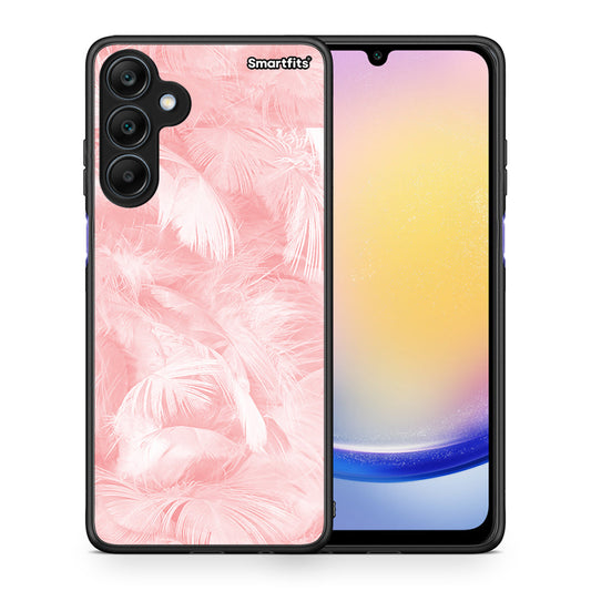 Θήκη Samsung Galaxy A25 5G Pink Feather Boho από τη Smartfits με σχέδιο στο πίσω μέρος και μαύρο περίβλημα | Samsung Galaxy A25 5G Pink Feather Boho case with colorful back and black bezels