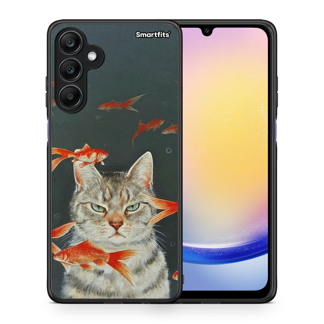 Θήκη Samsung Galaxy A25 5G Cat Goldfish από τη Smartfits με σχέδιο στο πίσω μέρος και μαύρο περίβλημα | Samsung Galaxy A25 5G Cat Goldfish case with colorful back and black bezels