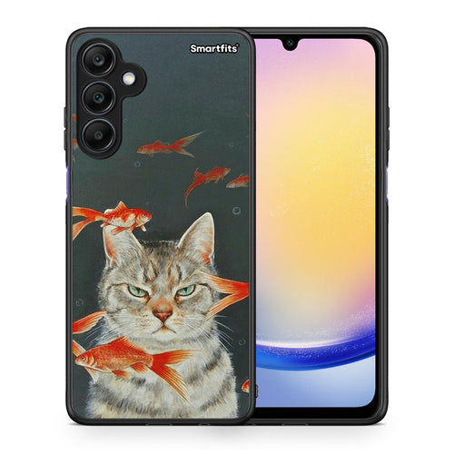 Θήκη Samsung Galaxy A25 5G Cat Goldfish από τη Smartfits με σχέδιο στο πίσω μέρος και μαύρο περίβλημα | Samsung Galaxy A25 5G Cat Goldfish case with colorful back and black bezels