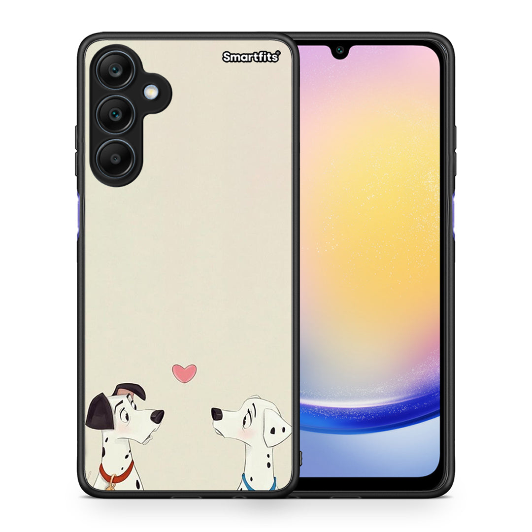 Θήκη Samsung Galaxy A25 5G Dalmatians Love από τη Smartfits με σχέδιο στο πίσω μέρος και μαύρο περίβλημα | Samsung Galaxy A25 5G Dalmatians Love case with colorful back and black bezels