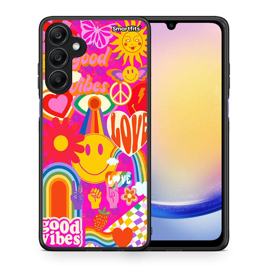 Θήκη Samsung Galaxy A25 5G Hippie Love από τη Smartfits με σχέδιο στο πίσω μέρος και μαύρο περίβλημα | Samsung Galaxy A25 5G Hippie Love case with colorful back and black bezels