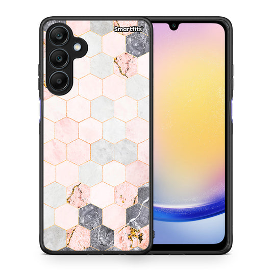 Θήκη Samsung Galaxy A25 5G Hexagon Pink Marble από τη Smartfits με σχέδιο στο πίσω μέρος και μαύρο περίβλημα | Samsung Galaxy A25 5G Hexagon Pink Marble case with colorful back and black bezels