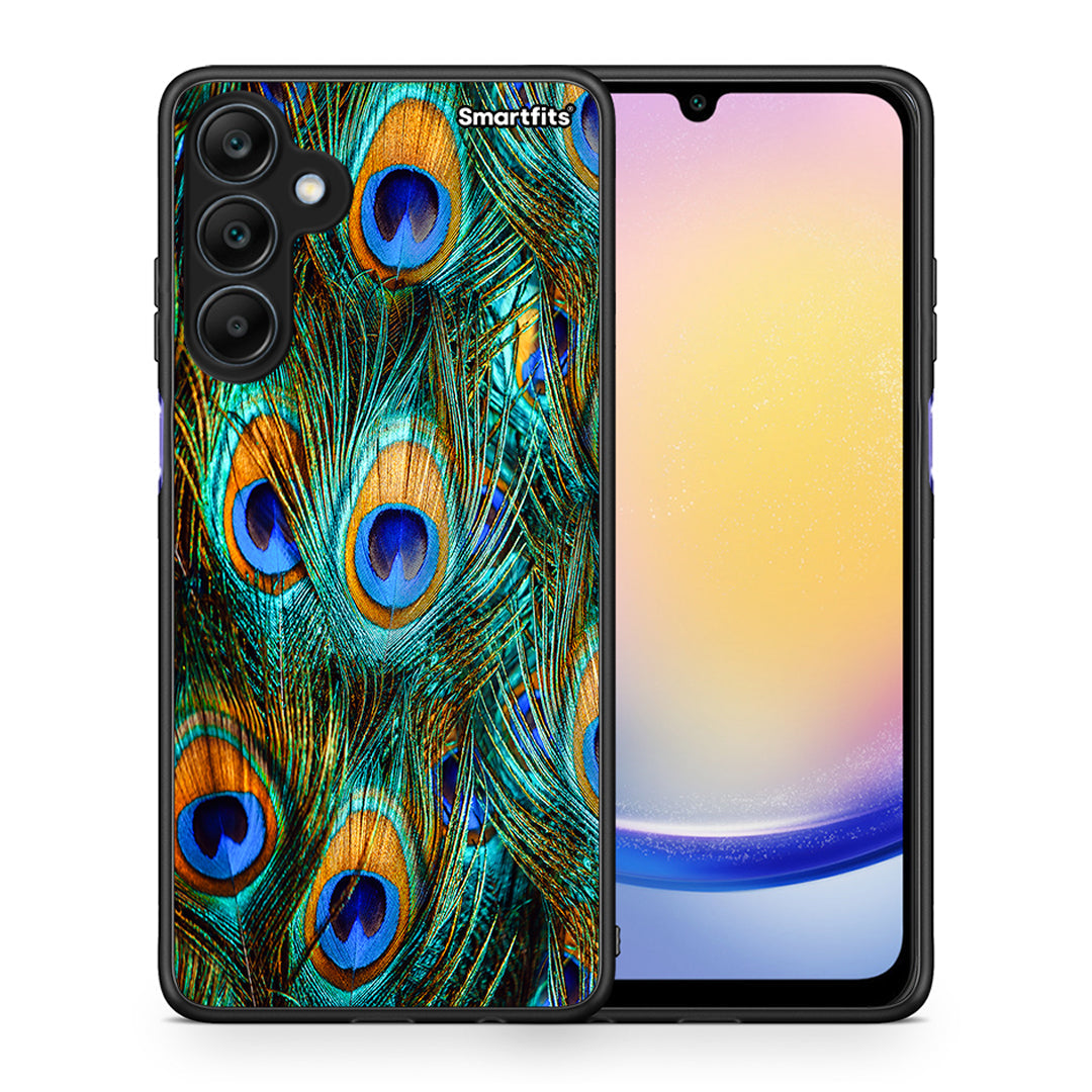 Θήκη Samsung Galaxy A25 5G Real Peacock Feathers από τη Smartfits με σχέδιο στο πίσω μέρος και μαύρο περίβλημα | Samsung Galaxy A25 5G Real Peacock Feathers case with colorful back and black bezels