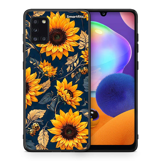 Θήκη Samsung Galaxy A31 Autumn Sunflowers από τη Smartfits με σχέδιο στο πίσω μέρος και μαύρο περίβλημα | Samsung Galaxy A31 Autumn Sunflowers case with colorful back and black bezels