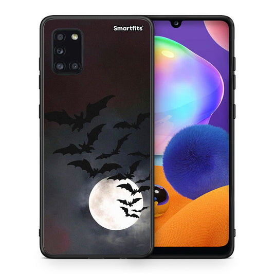 Θήκη Samsung Galaxy A31 Halloween Bat Night από τη Smartfits με σχέδιο στο πίσω μέρος και μαύρο περίβλημα | Samsung Galaxy A31 Halloween Bat Night case with colorful back and black bezels
