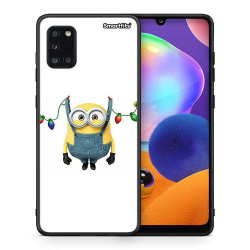 Θήκη Samsung Galaxy A31 Xmas Minion Lights από τη Smartfits με σχέδιο στο πίσω μέρος και μαύρο περίβλημα | Samsung Galaxy A31 Xmas Minion Lights case with colorful back and black bezels
