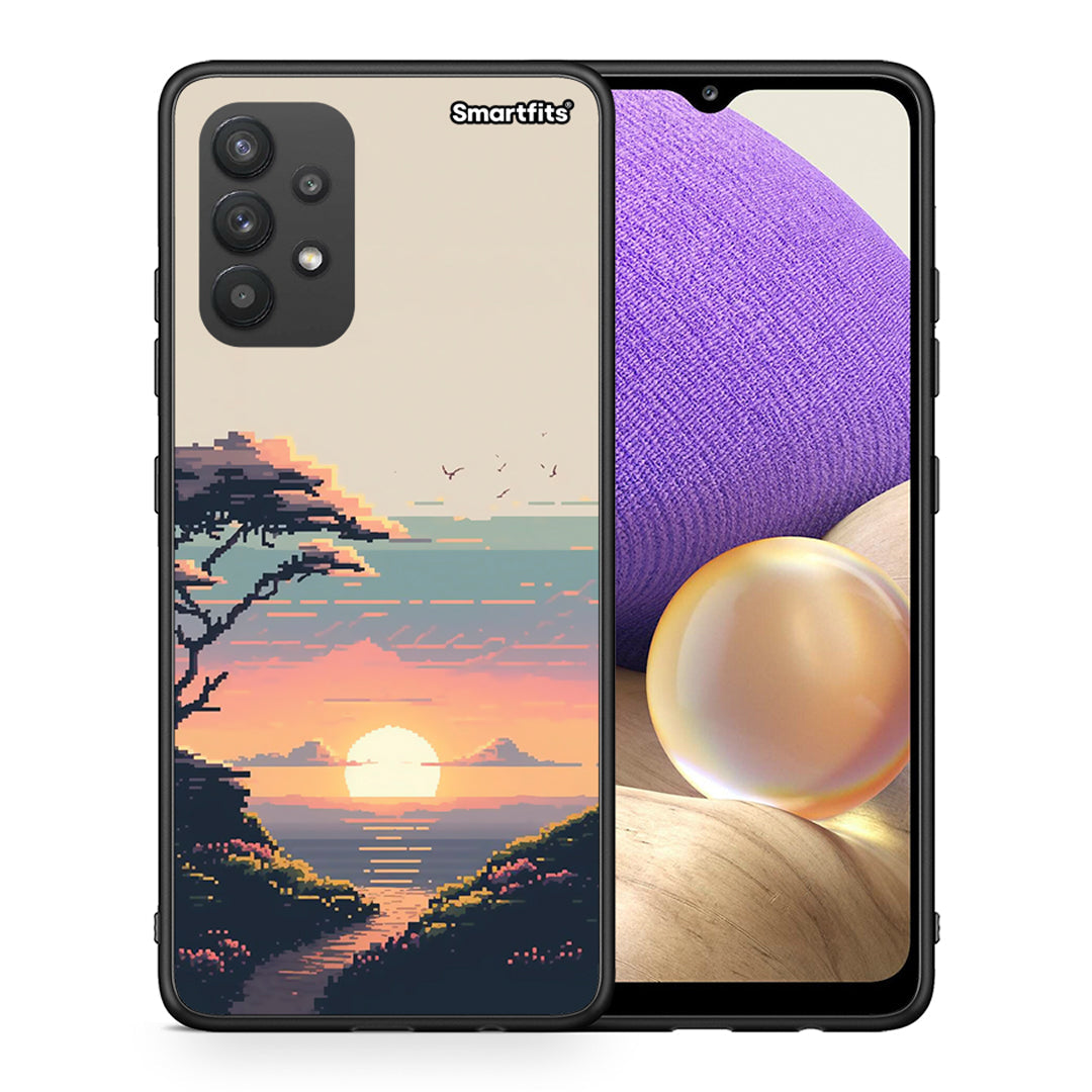 Θήκη Samsung A32 4G Pixel Sunset από τη Smartfits με σχέδιο στο πίσω μέρος και μαύρο περίβλημα | Samsung A32 4G Pixel Sunset case with colorful back and black bezels