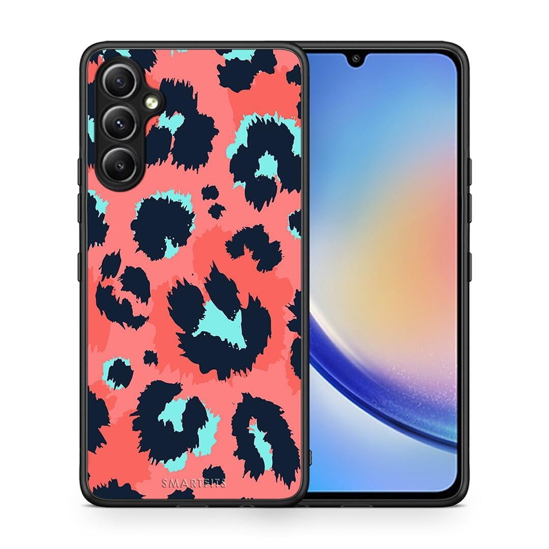 Θήκη Samsung Galaxy A34 Animal Pink Leopard από τη Smartfits με σχέδιο στο πίσω μέρος και μαύρο περίβλημα | Samsung Galaxy A34 Animal Pink Leopard Case with Colorful Back and Black Bezels