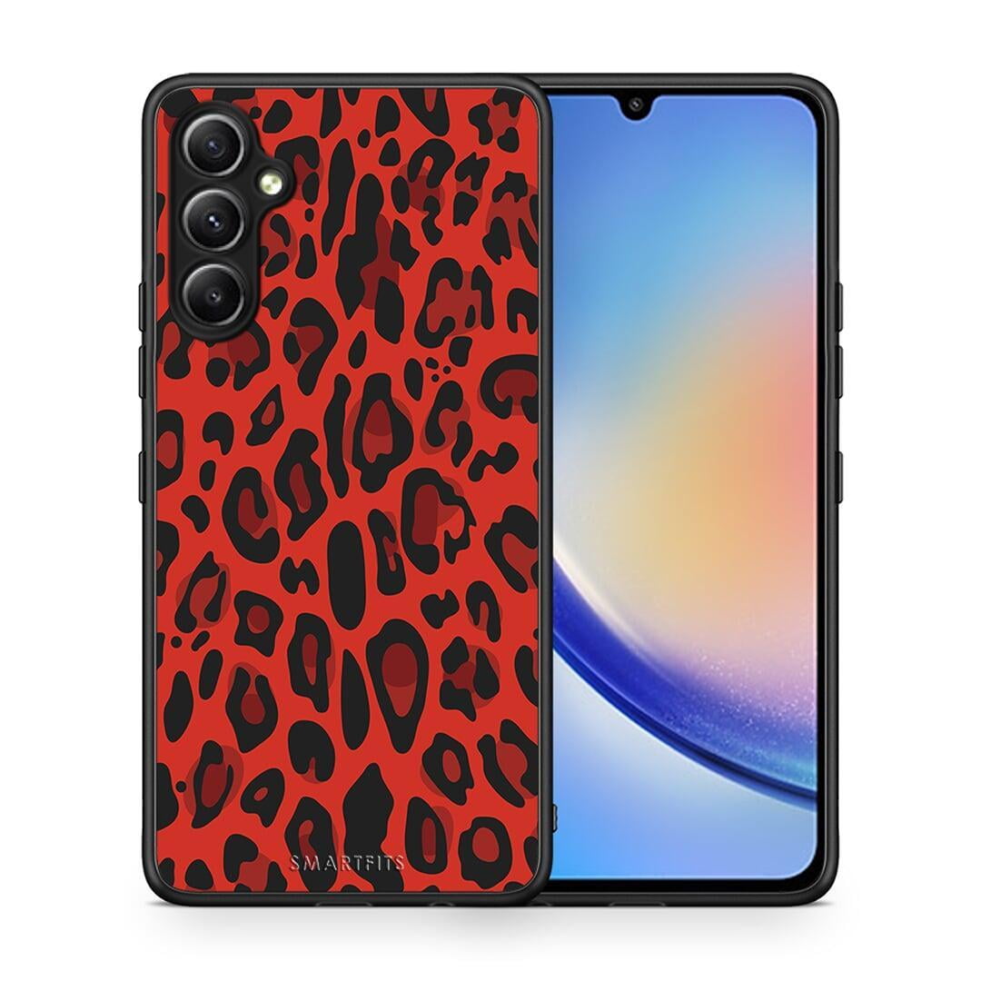 Θήκη Samsung Galaxy A34 Animal Red Leopard από τη Smartfits με σχέδιο στο πίσω μέρος και μαύρο περίβλημα | Samsung Galaxy A34 Animal Red Leopard Case with Colorful Back and Black Bezels