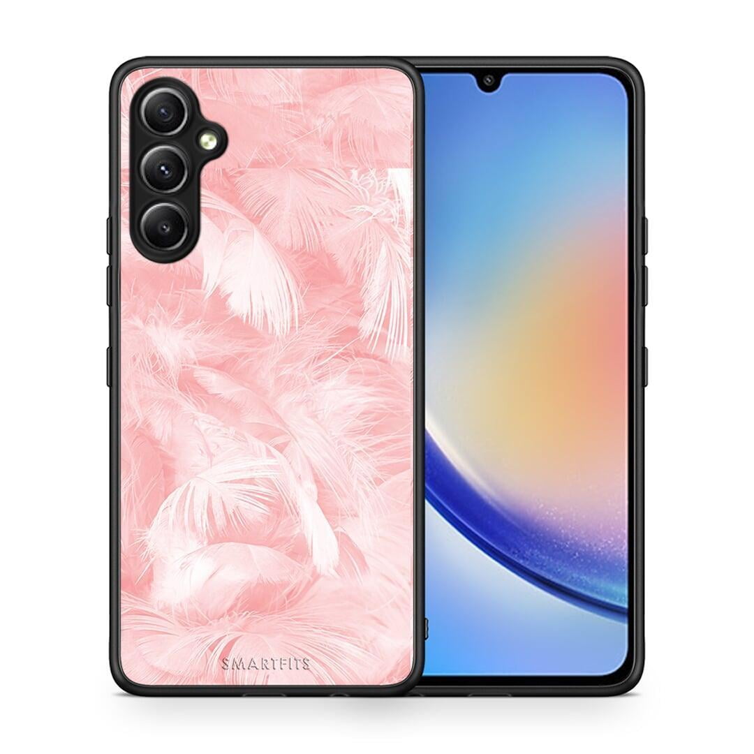 Θήκη Samsung Galaxy A34 Boho Pink Feather από τη Smartfits με σχέδιο στο πίσω μέρος και μαύρο περίβλημα | Samsung Galaxy A34 Boho Pink Feather Case with Colorful Back and Black Bezels