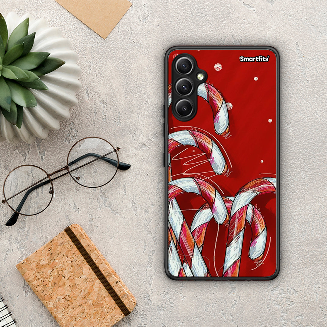 Θήκη Samsung Galaxy A34 Candy Cane από τη Smartfits με σχέδιο στο πίσω μέρος και μαύρο περίβλημα | Samsung Galaxy A34 Candy Cane Case with Colorful Back and Black Bezels