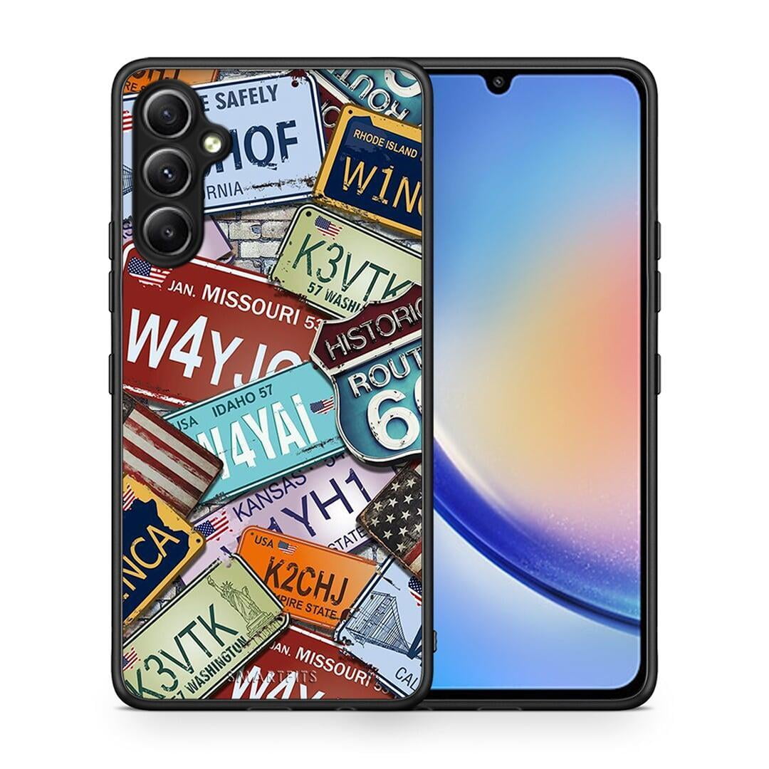 Θήκη Samsung Galaxy A34 Car Plates από τη Smartfits με σχέδιο στο πίσω μέρος και μαύρο περίβλημα | Samsung Galaxy A34 Car Plates Case with Colorful Back and Black Bezels