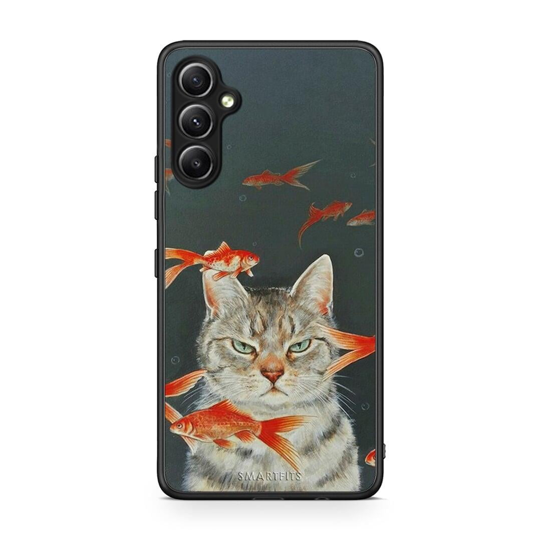 Θήκη Samsung Galaxy A34 Cat Goldfish από τη Smartfits με σχέδιο στο πίσω μέρος και μαύρο περίβλημα | Samsung Galaxy A34 Cat Goldfish Case with Colorful Back and Black Bezels