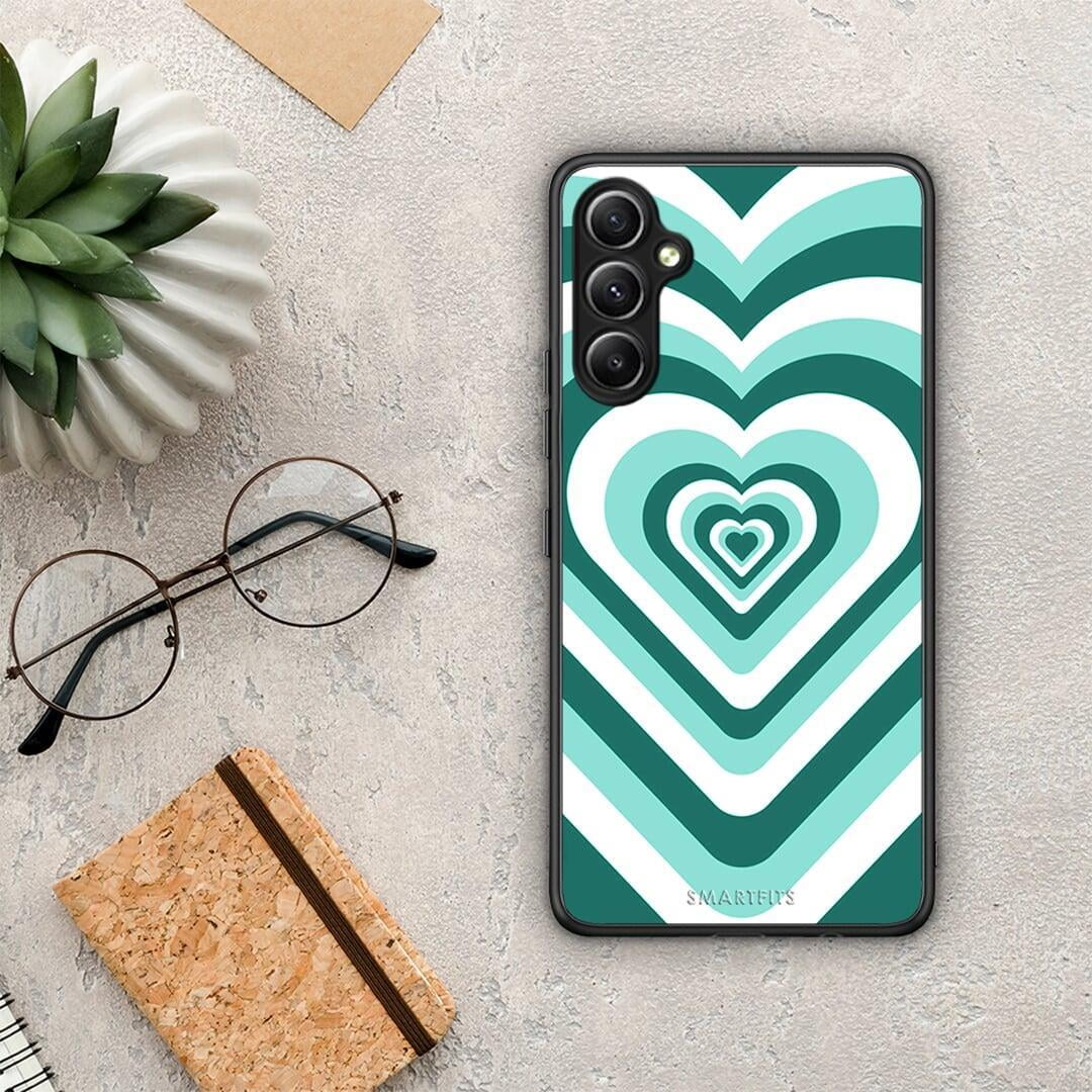 Θήκη Samsung Galaxy A34 Green Hearts από τη Smartfits με σχέδιο στο πίσω μέρος και μαύρο περίβλημα | Samsung Galaxy A34 Green Hearts Case with Colorful Back and Black Bezels