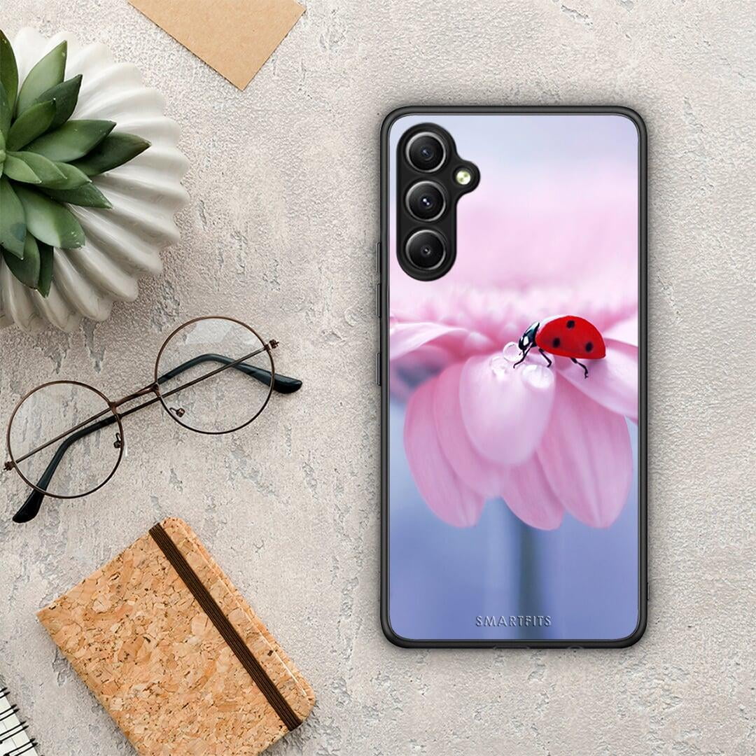 Θήκη Samsung Galaxy A34 Ladybug Flower από τη Smartfits με σχέδιο στο πίσω μέρος και μαύρο περίβλημα | Samsung Galaxy A34 Ladybug Flower Case with Colorful Back and Black Bezels