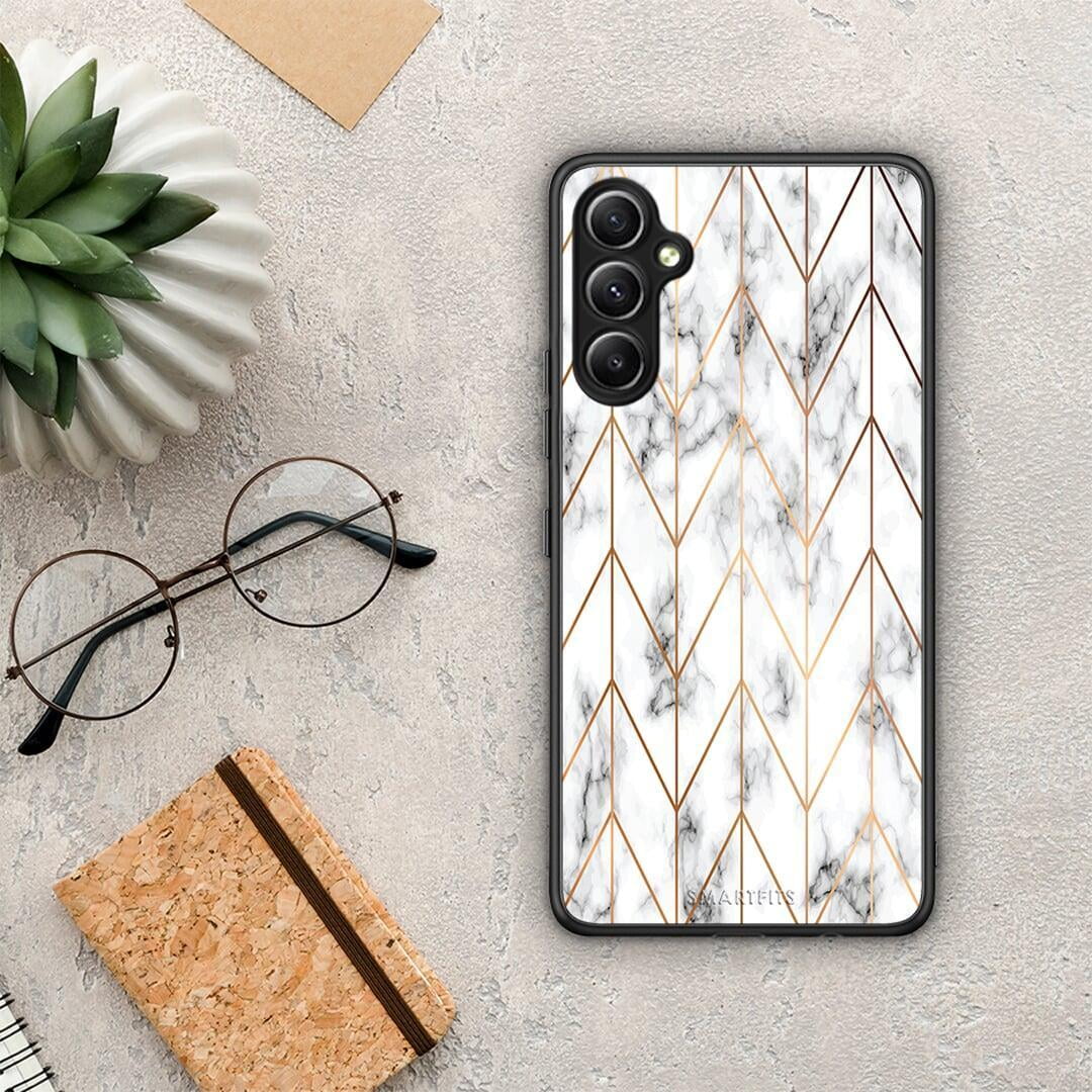 Θήκη Samsung Galaxy A34 Marble Gold Geometric από τη Smartfits με σχέδιο στο πίσω μέρος και μαύρο περίβλημα | Samsung Galaxy A34 Marble Gold Geometric Case with Colorful Back and Black Bezels