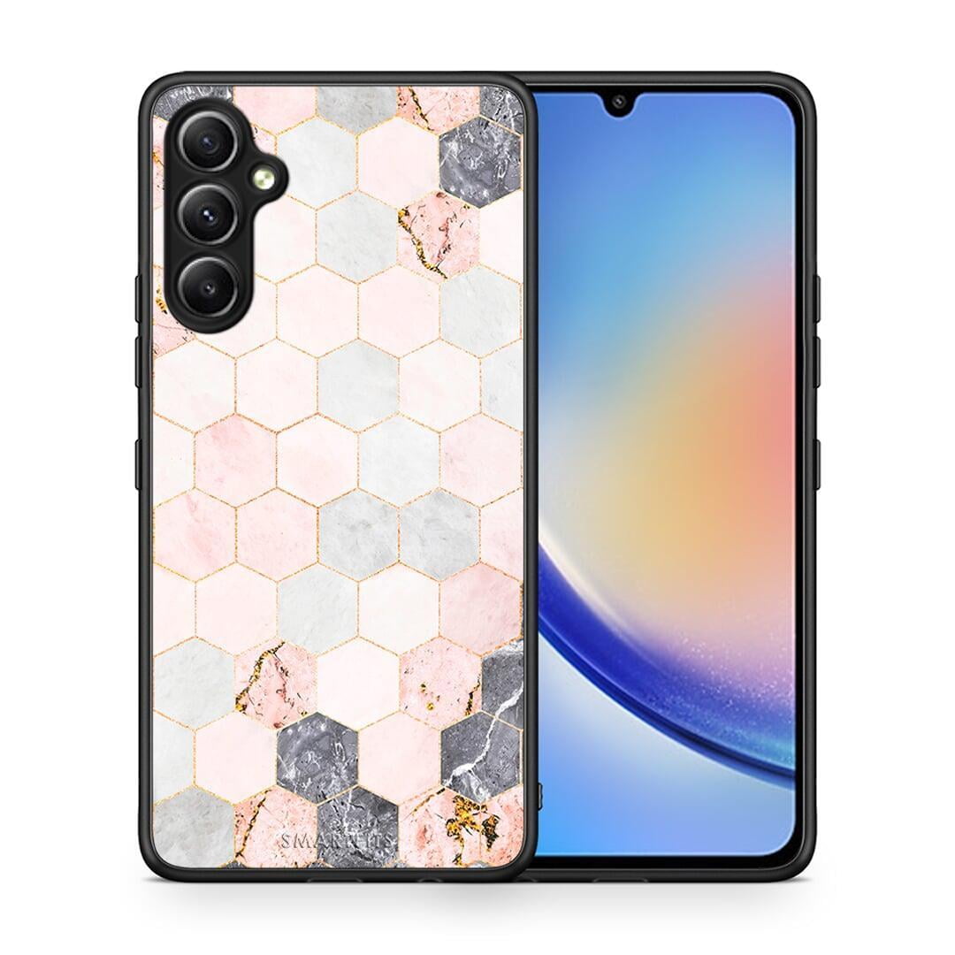 Θήκη Samsung Galaxy A34 Marble Hexagon Pink από τη Smartfits με σχέδιο στο πίσω μέρος και μαύρο περίβλημα | Samsung Galaxy A34 Marble Hexagon Pink Case with Colorful Back and Black Bezels