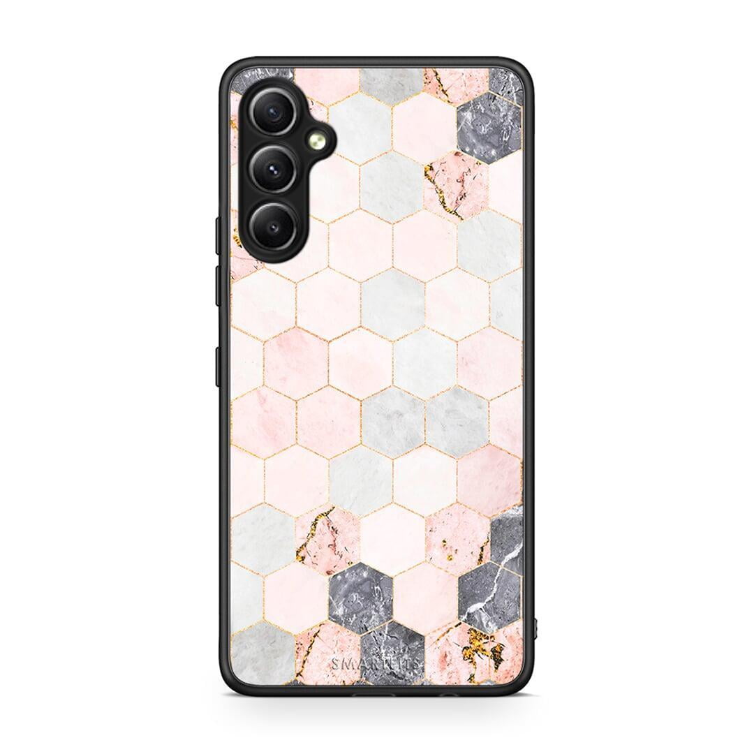 Θήκη Samsung Galaxy A34 Marble Hexagon Pink από τη Smartfits με σχέδιο στο πίσω μέρος και μαύρο περίβλημα | Samsung Galaxy A34 Marble Hexagon Pink Case with Colorful Back and Black Bezels