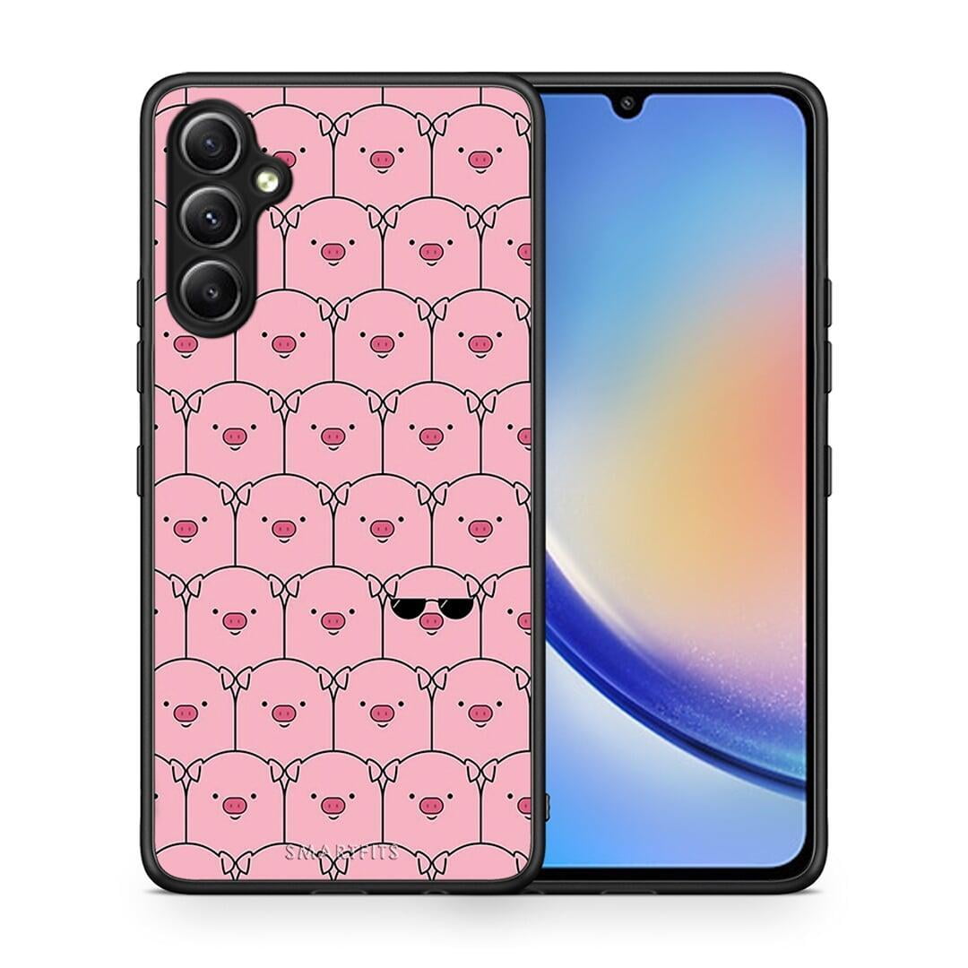 Θήκη Samsung Galaxy A34 Pig Glasses από τη Smartfits με σχέδιο στο πίσω μέρος και μαύρο περίβλημα | Samsung Galaxy A34 Pig Glasses Case with Colorful Back and Black Bezels