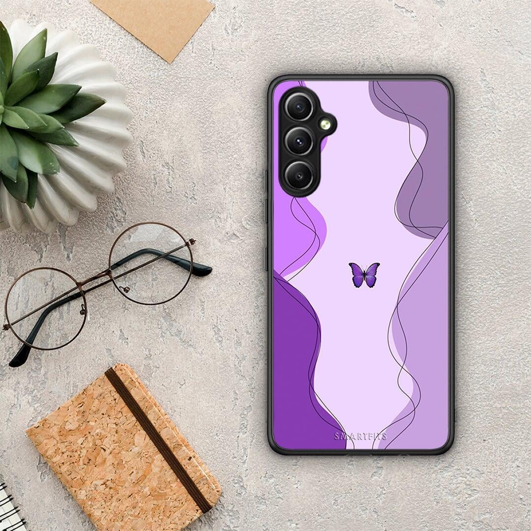 Θήκη Samsung Galaxy A34 Purple Mariposa από τη Smartfits με σχέδιο στο πίσω μέρος και μαύρο περίβλημα | Samsung Galaxy A34 Purple Mariposa Case with Colorful Back and Black Bezels