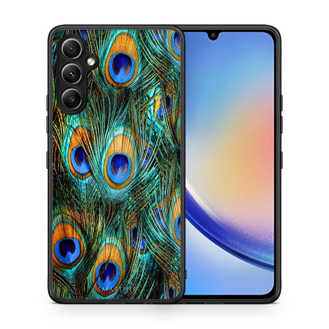 Θήκη Samsung Galaxy A34 Real Peacock Feathers από τη Smartfits με σχέδιο στο πίσω μέρος και μαύρο περίβλημα | Samsung Galaxy A34 Real Peacock Feathers Case with Colorful Back and Black Bezels